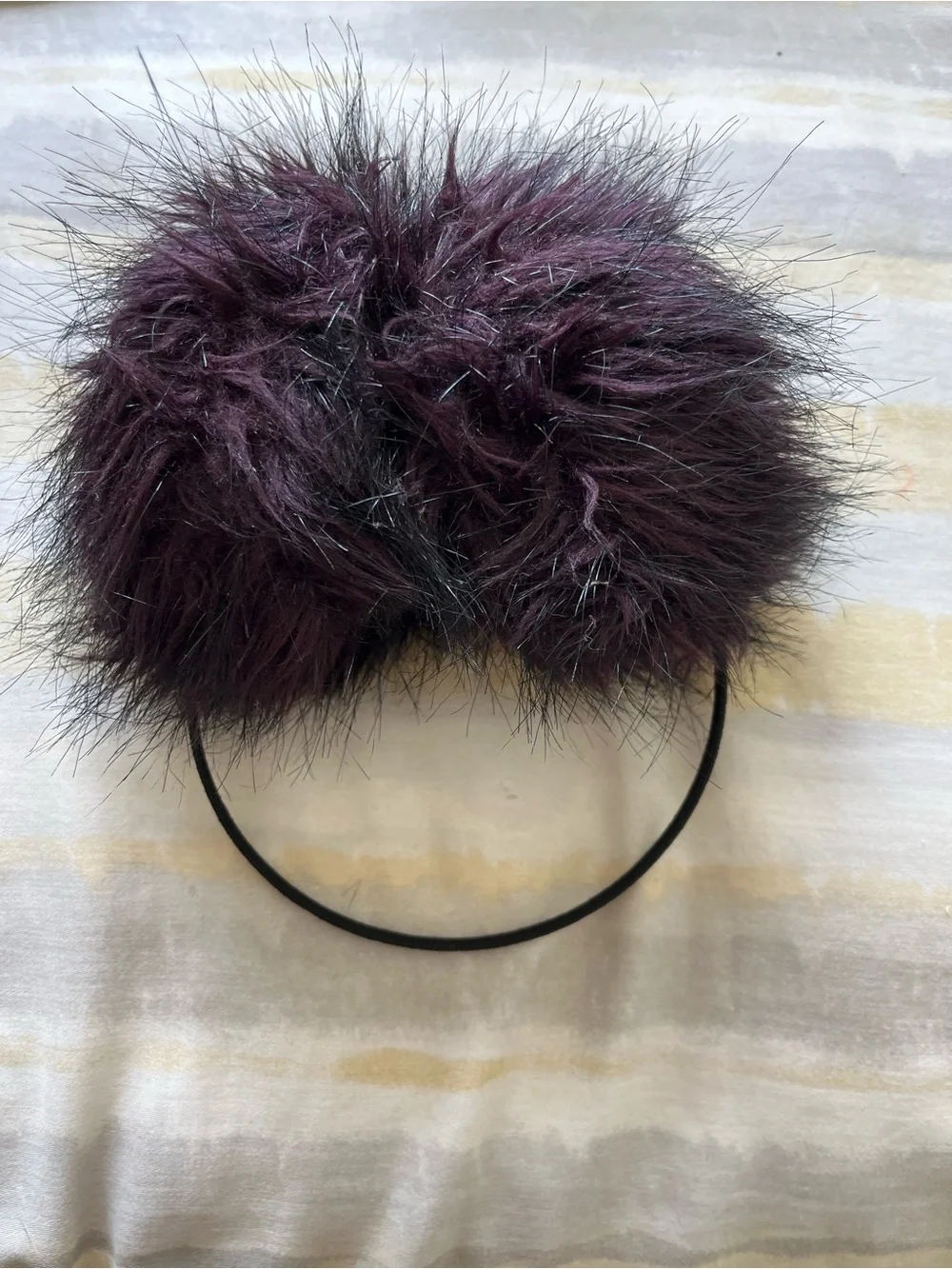 Faux Fur Fuzzy Pom Pom Earmuffs - Dark Plum & Black
